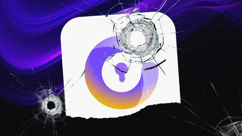 proton logo with broken transparent glass, dark purple and black