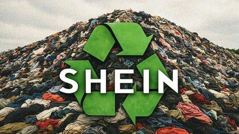 shein logo, three green arrows going around, a big pile of clothes, grey sky