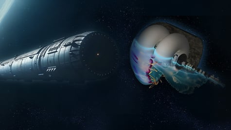 grey space ship, half medusa, half spaceship, moonlight