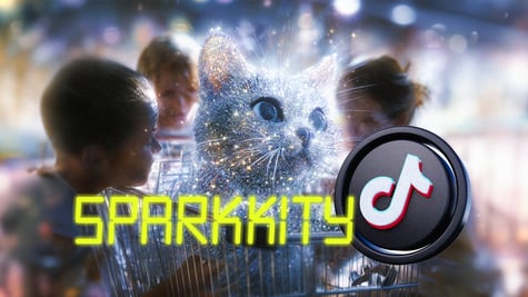 sparkling silver cat, tik tok logo, shopping cart,