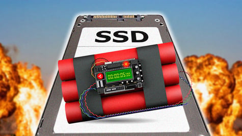 red bombs, colorful wires, ssd, grey drive, blue sky, big explosion