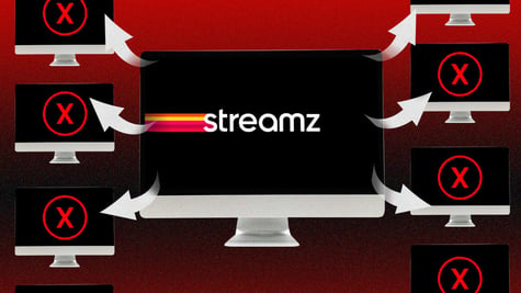 Streams logo on black computer screen, white arrows to six other monitors