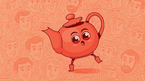 orangy pink teapot wearing orange shoes, with red eyes, men pictures and ID in the background