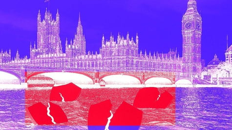 blue Uk parliament, clock tower, river, red vpn shields drowning