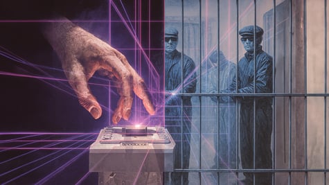 3 blue and grey people behind grey bars, purple laser, white hand reaching for chip
