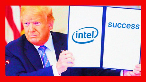 donald trump, blond hair, blue suit, red frame, intel logo