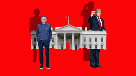 trump, white house, lip bu tan red background, US flag, shadows