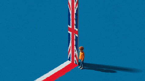 vertical ruler, uk flag, white ginger kid, orange top, jeans, blue background