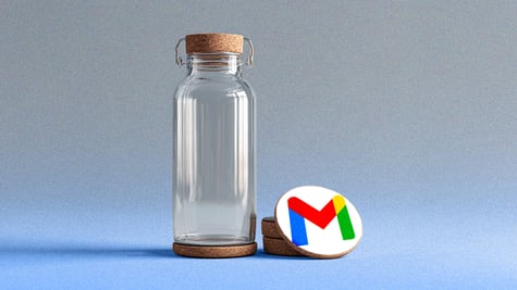 transparent glass bottle, Gmail logo coaster