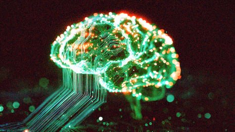 A glowing green and gold brain visual.