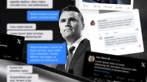 A black and white image of Charlie Kirk with blurred social media posts around him.