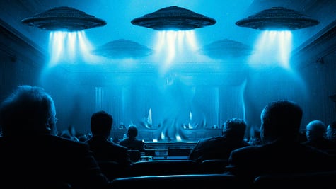 UFO's beaming down light during a congressional hearing.