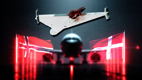 A drone flying over the Norwegian and Danish flags.
