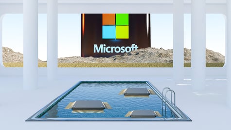 AI chips floating on water in an indoor pool, microsoft logo, white pillars