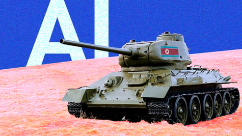 blue sky, AI, north koea flag, tank, brown grass hill