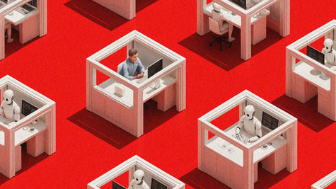 white office cubicles, white bots, one human is white shirt, red carpet