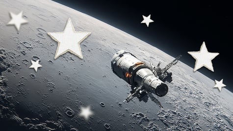 NASA's Artemis II circling the moon, with cartoon stars floating nearby.