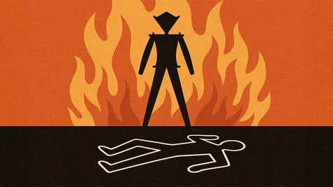 A burning man effigy standing over a murder silhouette.