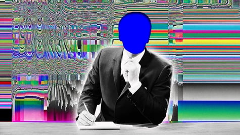 A psychedelic image of a human with blue bot face signing a constitution.