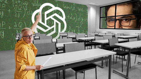 The OpenAI logo on a blackboard with a  professor teaching an empty class.