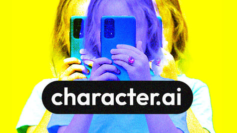 Image of a child looking at a phone, with Character.AI logo written in front