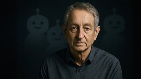 AI founder Geoffrey Hinton, with chatbot silhouettes in the background.