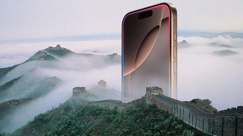 the great wall of china, forest, tall green hills, fog, bronze iphone, cloudy sky