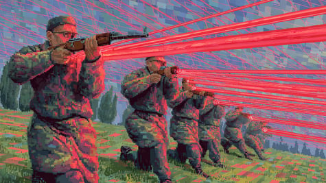 ground troops holding laser guns, red laser, shooting, pixel image