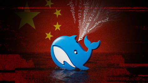 deepseek logo, blue whale, china flag, splashing water, dark red