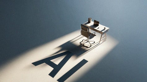 grey desk in the light, shadowy AI sign in the light