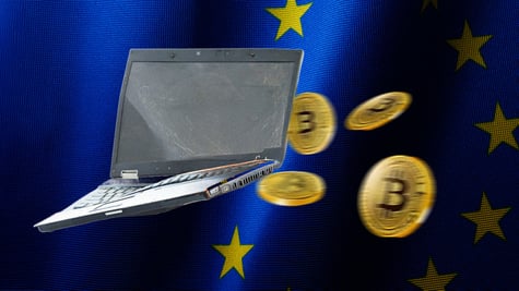 europe flag crypto coin broken laptop bitcoin