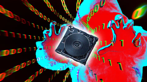 red hacker siluet, black CD drive, orange zeroes in lines,