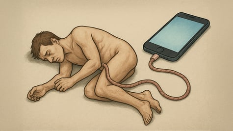 Human and smartphone connected via the umbilical cord
