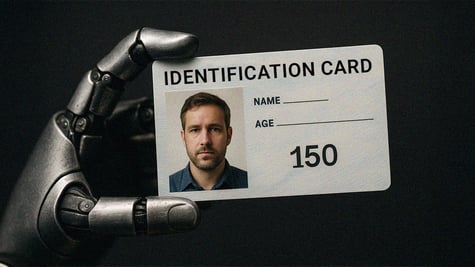 robot hand holding white ID card with 150 age, man blue shirt