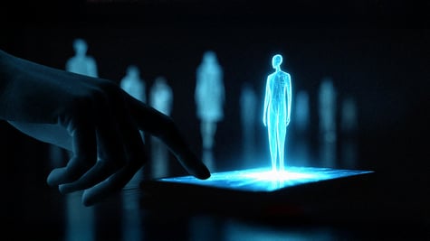 Human hand touching a robot hologram