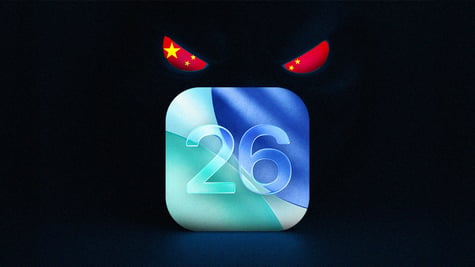 ios26 logo in green, grey and blue, circle with china flag cut in half