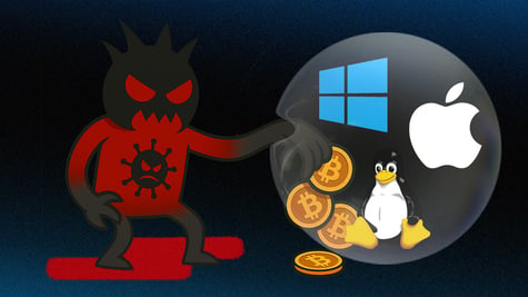 linux logo windows apple bitcoin malware shield bubble