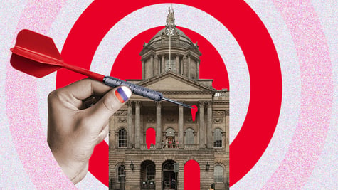 liverpool council building, red dart, nail in the color fo russian flag, red, pink target
