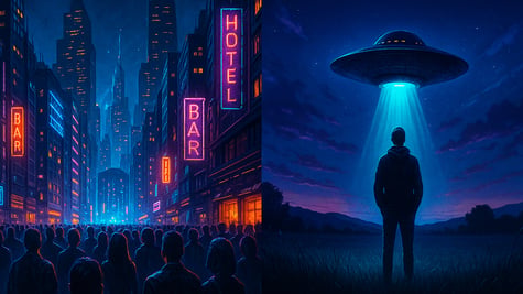 Split screen of masses seeing independence day style landing, and an individual beamed by UFO.