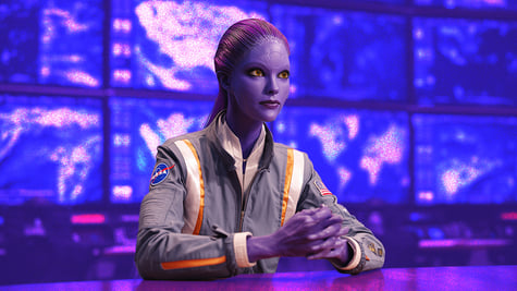 purple alien as news anchor in blue tv studio