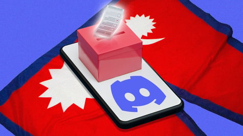 A ballot box with the discord logo on a phone on the nepal flag.