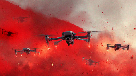 a sky in the colors of the polish flag, red and white, drone flying, black debris