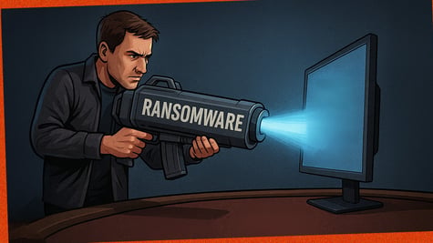animated brown hair man shoots laser beams to blue screen, ransomware gun