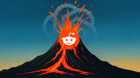 The Reddit logo on an erupting volcano, with the OpenAI logo in the background.