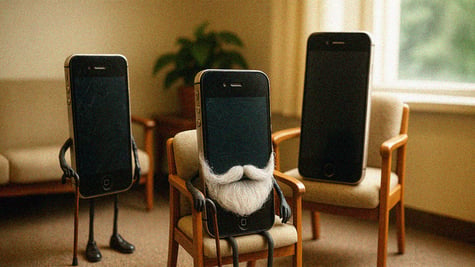 three black iphones, white beard, wooden cane, white arm chair, green plant