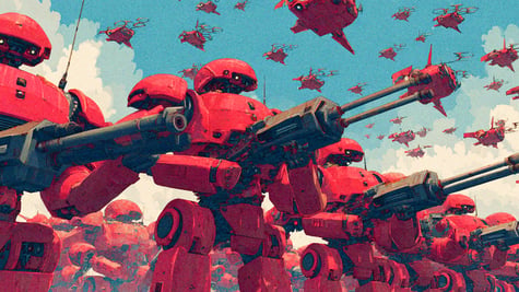 red robot army pointing black shot guns, red helmets, blue sky, red drones