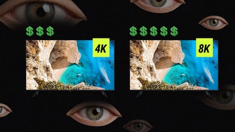 two monitors, cliffs, blue ocean.. human eyes, green dollar signs 