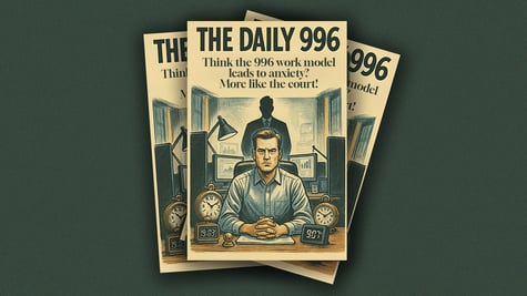 man in blue shirt on cover of magazine, the daily 996, judge, clocks, office