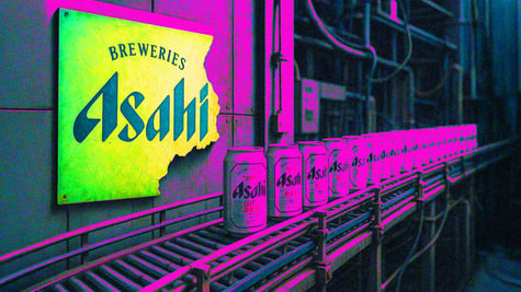 Half-broken-Asahi-sign-and-Asahi-cans-moving-in-the-factory