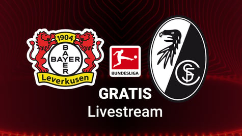Leverkusen vs. Freiburg, Team Logos, roter Hintergrund, Livestream Bundesliga